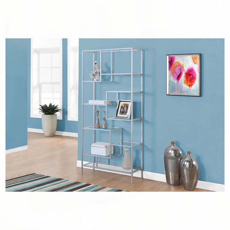 Bibliothèque, bibliothèque, étagère, h 72 po, bureau, chambre à coucher, verre trempé transparent, métal gris, contemporain, moderne