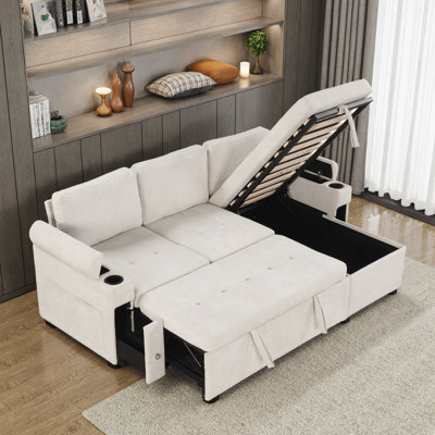 Canapé-lit en L 83,5 po convertible beige avec méridienne réversible, rangement, ports USB et porte-gobelets
