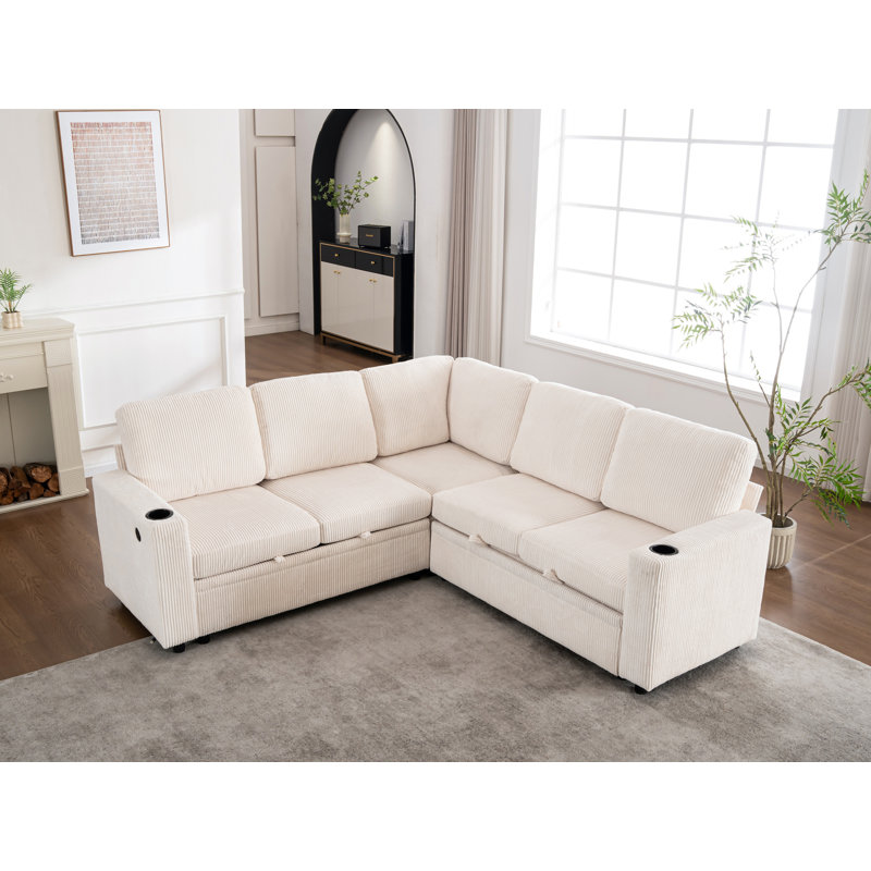 83.6" Wide Corduroy Sectional Sleeper Sofa (Pull-Out Bed) With Storage, White