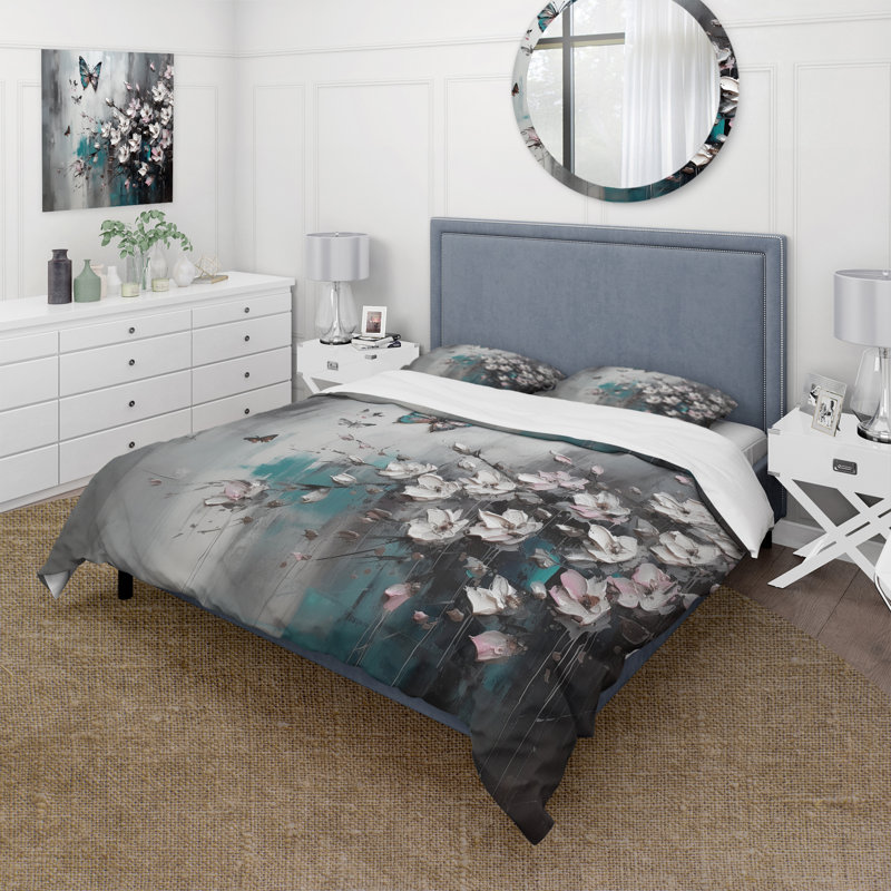 Fleurs avec papillons, ensemble de housse de couette en microfibre / polyester