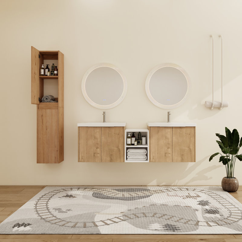 Eskar 60'' Wall-Mounted Double Bathroom Vanity With Resin Vanity Top & Side Cabinets, 60"