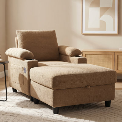 58" Mid Century Modern Lounge Chair with Ottoman, 160° Adjustable Reading Chair, Beige