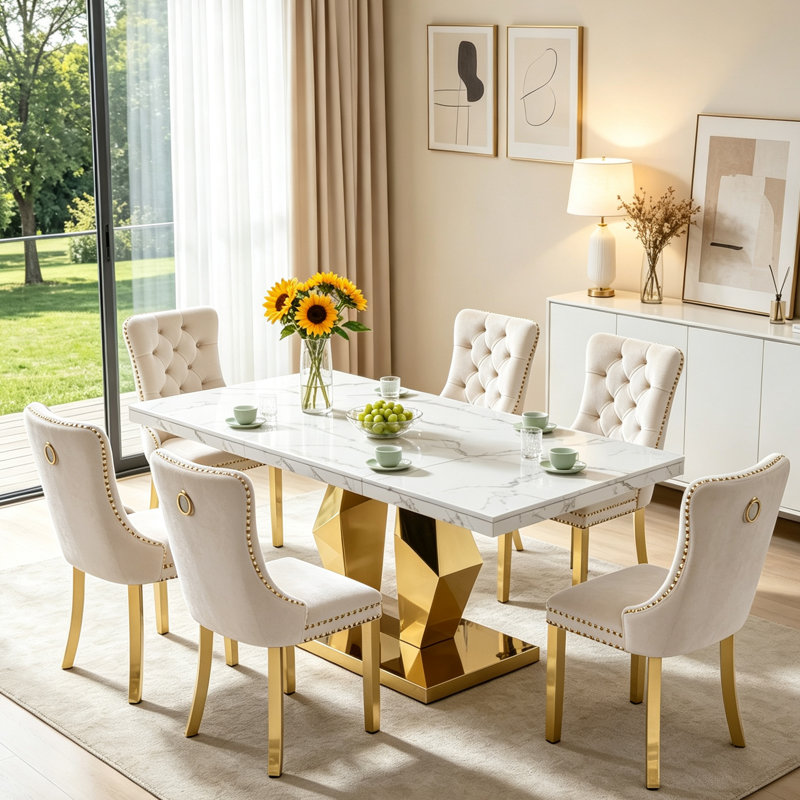 70" Faux Marble Dining Table Set for, White Dining Room Table with Velvet Dining Chairs, Modern Kitchen Table and Chairs Set, Luxury Dining Table Set for Kitchen Dining
