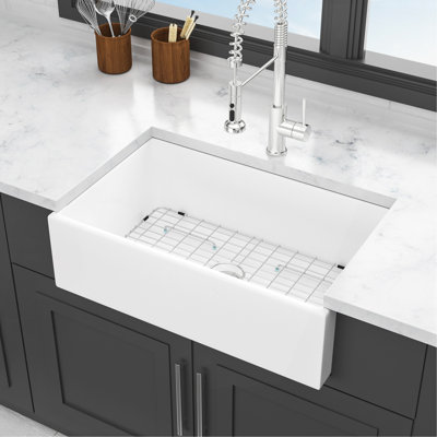 33 White Farmhouse Sink - 33 Inch Kitchen Sink White Undermount Single Bowl Apron Front Ceremic Sink Farm Style Drain Asseblemly And Bottom Grate 33X18x10 Inch