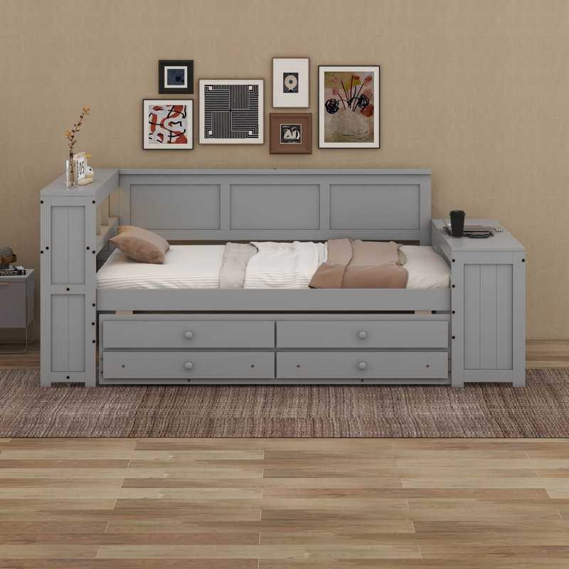 Full Size Daybed With Storage Shelves,Drawers,Trundle,Charging Station,LED Light,Desk And Cabinet, Gray