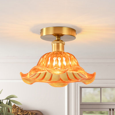  Morvan Modern 9.8" Fluted Brushed Brass Glass Semi-Flush Mount Ceiling Light for Hallway Entryway