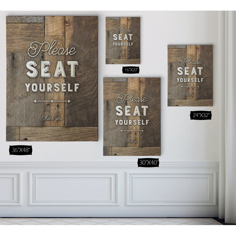 « siège vous-même », art textuel sur toile tendue, H 16 po x l 20 po x P 1,5 po