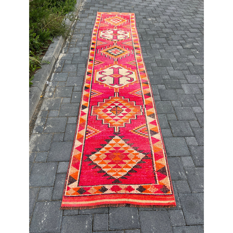 Bohemian Wool Patchwork Runner, 31.9x157.1 Inch Pink Rug