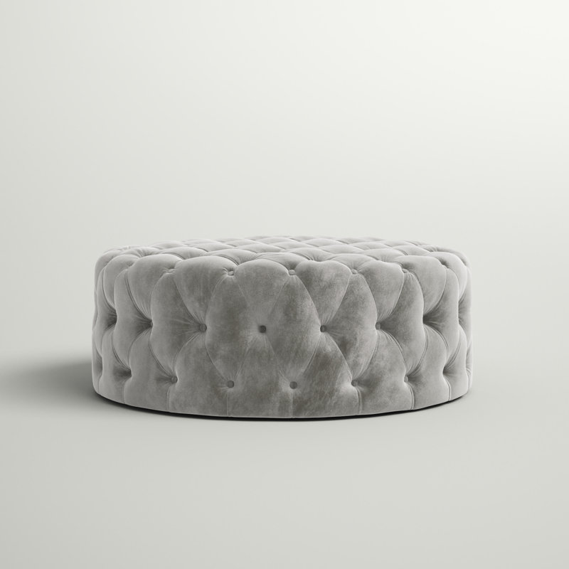 Willa 42" W Tufted Round Cocktail Ottoman, Light Gray Velvet, Velvet