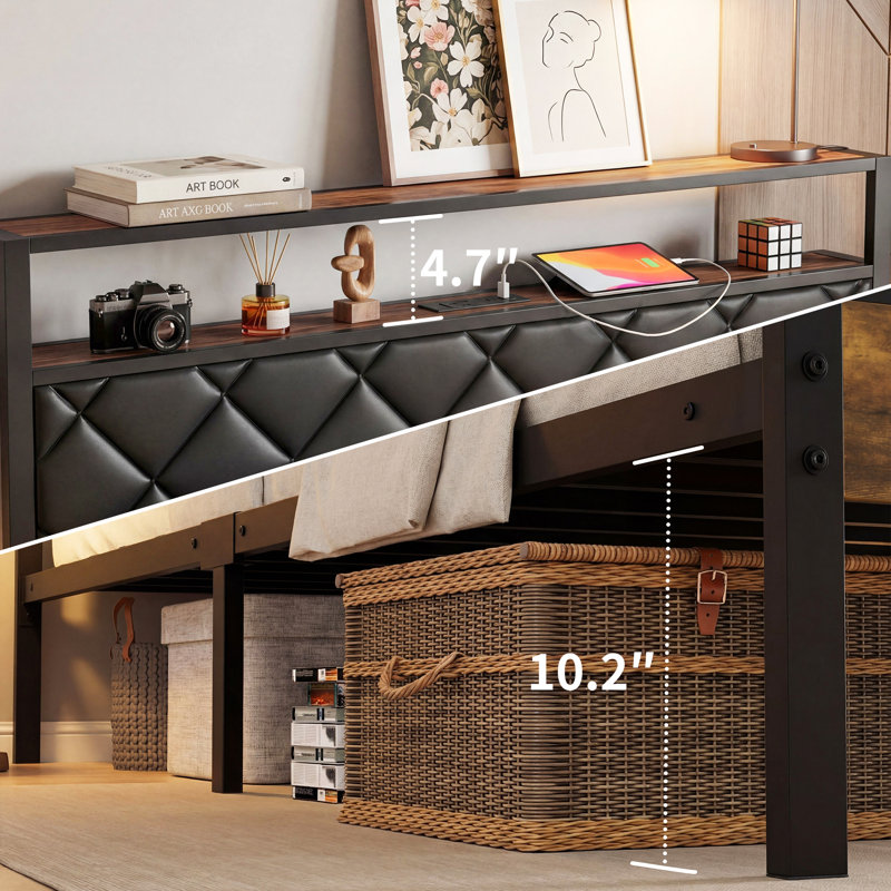 Queen Bed Frame with Headboard PU Leather Upholstered Bed Frame Platform,All Metal Slats Support Platform Bed Frame with Storage Space,Easy Assembly,Noise Free,No Box Spring Needed,Black