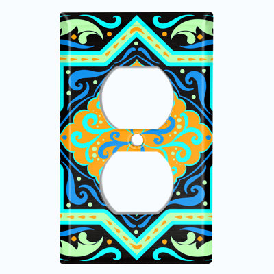 Metal Light Switch Plate Outlet Cover (Colourful Green Tile Black  - Single Duplex)