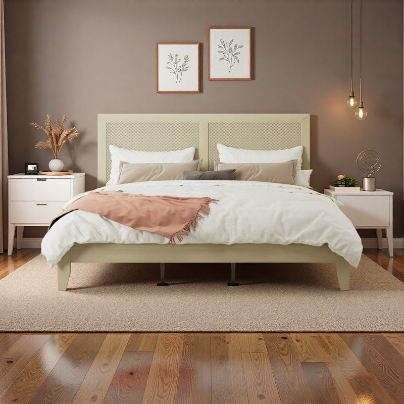 Solid Wood Platform Bed With Rattan, King