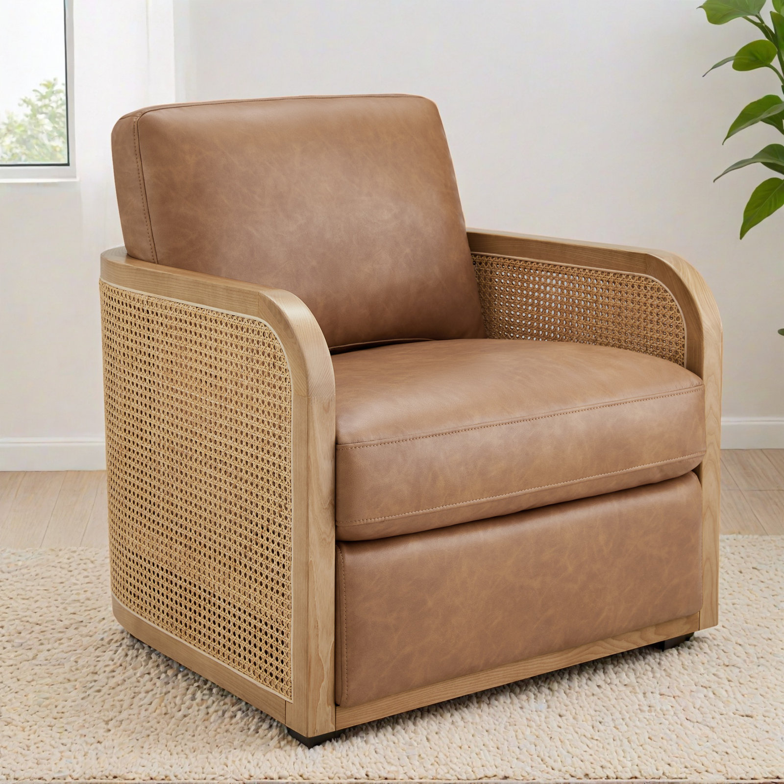 Juliette Leather Natural Cane Swivel Barrel Chair, Copley Camel Vegan Leather