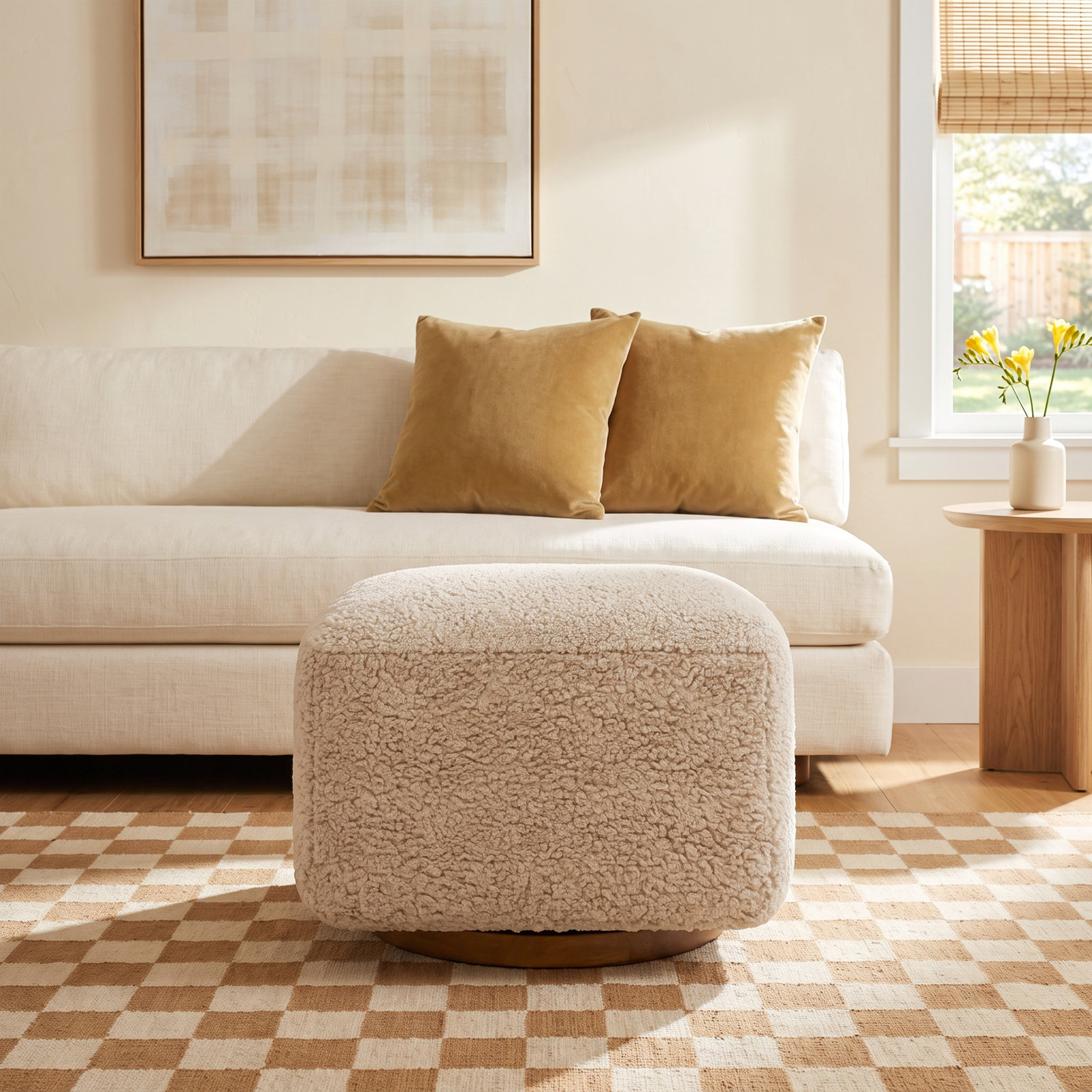 Kiwi 25" Ottoman, Beige Teddy Loop, Brown