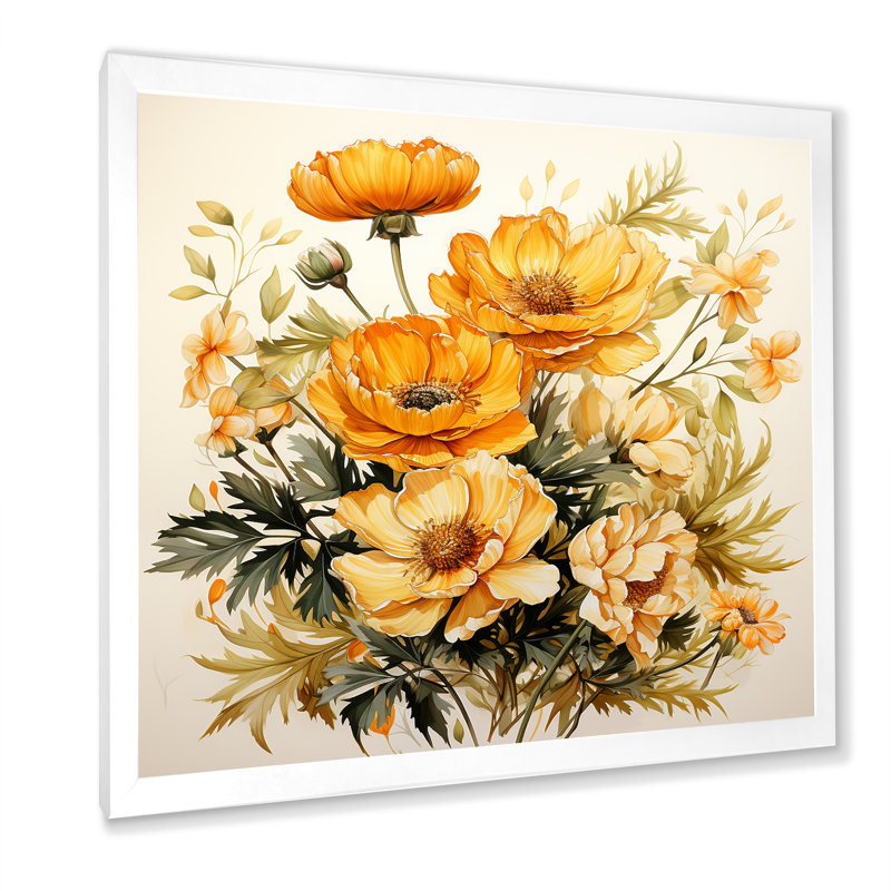 Marigold Majesty Bouquet II - Art mural souci, Cadre simple blanc, H 16 po x l 16 po x P 1 po
