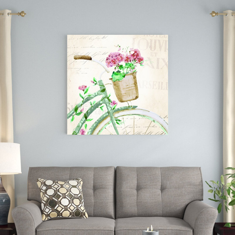 Vélo avec fleurs - reproduction d'art sur toile tendue, H 36 po x l 36 po