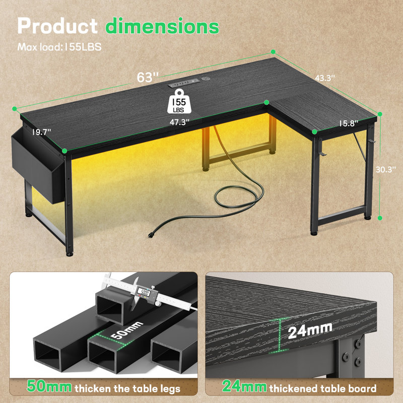 Bureau d'ordinateur en L robuste avec bureau de 2,4 cm d'épaisseur et lumières DEL, 63"L, Noir