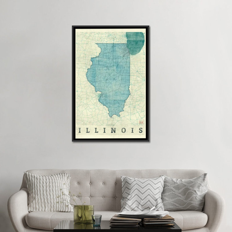 « illinois map », impression sur toile, H 26 po x l 18 po x P 1,5 po, Toile avec cadre noir, Pas de tapis
