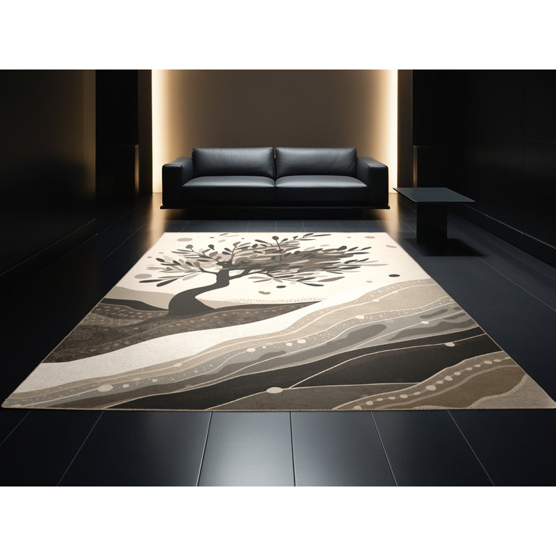 Tapis beige abstrait lavable à la machine à motif d'olives de style abstrait olive - Reliure beige, Carré 3 pi