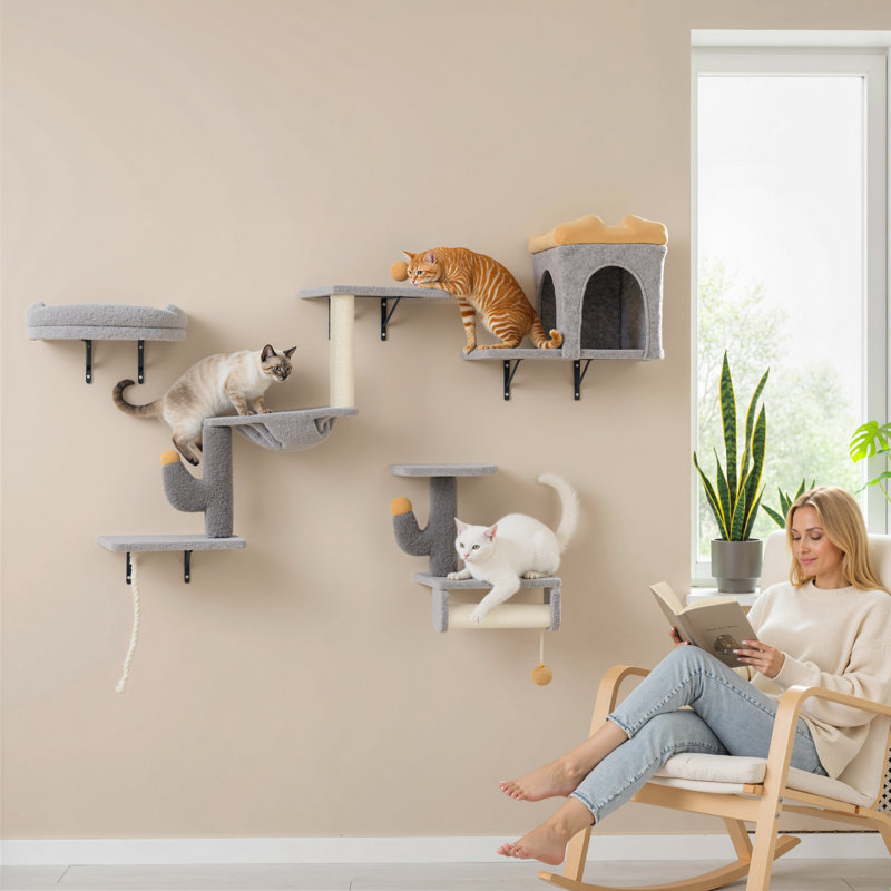 Ensemble de 4 tablettes murales pour chat, gris clair