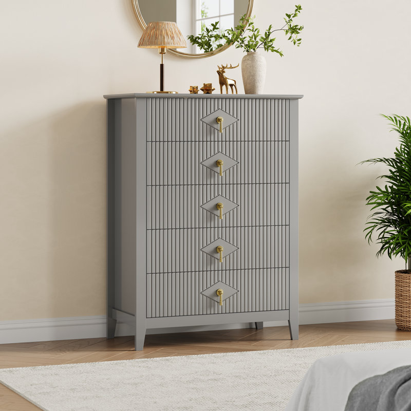 Grey Modern Fluted 5-Drawer Wood Dresser – 42.9" Tall Wide Chest with Metal Handles, Multi-Purpose Storage Cabinet for Bedroom, Living Room, Hallway & Entryway