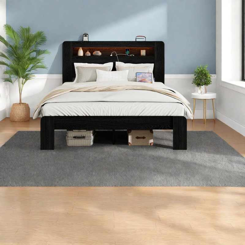 Structure de lit en bois compacte avec rangement, design noir moderne pour une vie facile