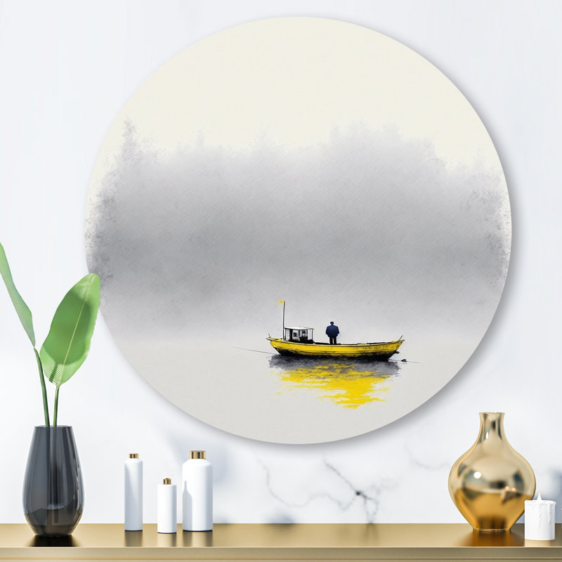 Bateau brouillard jaune sur lac I - art mural rond en métal bord de mer, H 36 po x l 36 po x P 1 po
