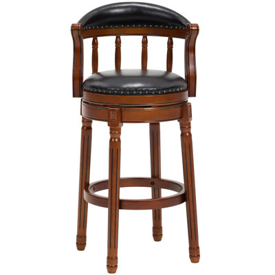 Genuine Top Grain Leather Swivel Bar Stool with Solid Rubberwood Frame, Mid-High Back Design