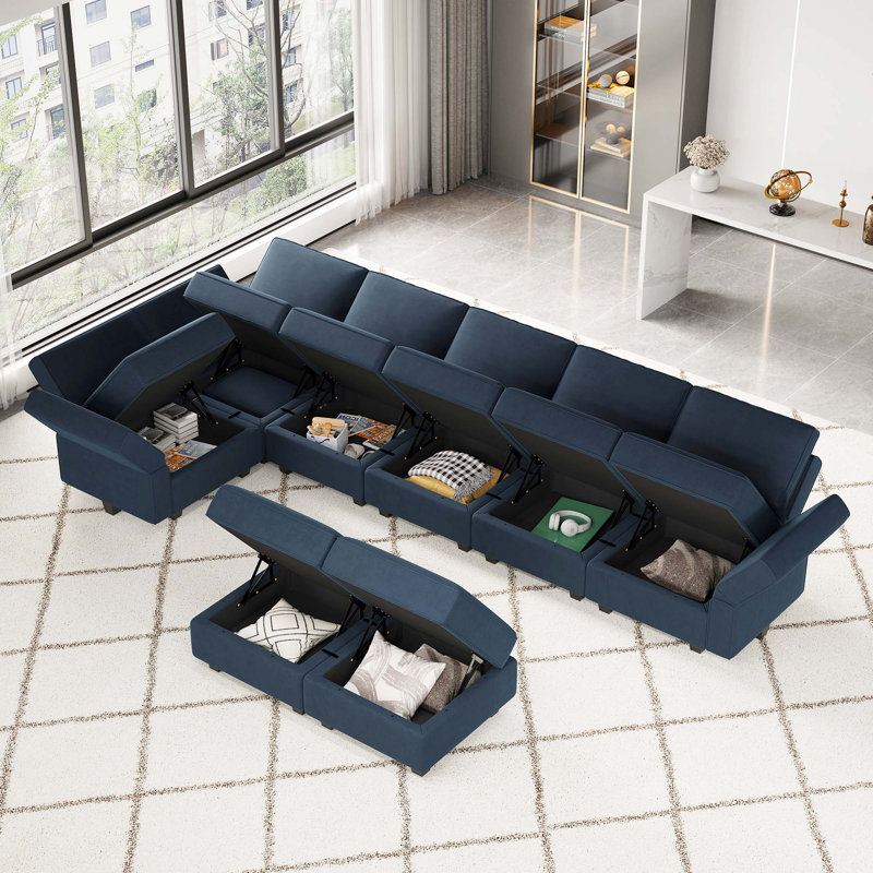 Canapé de rangement modulaire rembourré en L en velours de 143 po Teangela, Velours bleu