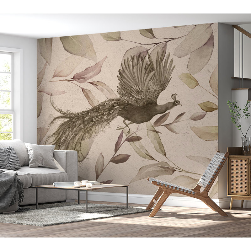 Papier peint animalier - Paon dans des tons froids, L 39 po x L 27 po