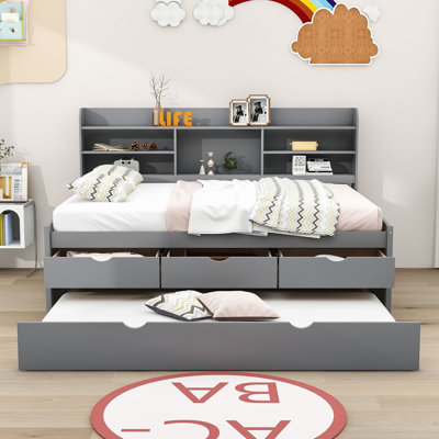 Ephinne 3 Drawers Wooden Platform Bed with Shelves and Twin Size Trundle
