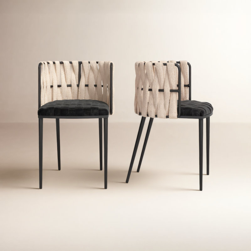 Ensemble de chaise de salle à manger avec accoudoirs tressés Tyrone, Velours noir / blanc, Noir