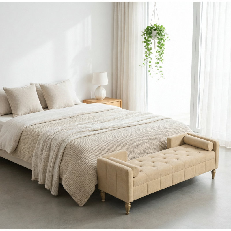 Banc de rangement à extrémité rabattable en chenille l 64,6 po pour salon, couloir, chambre à coucher, blé, Blé