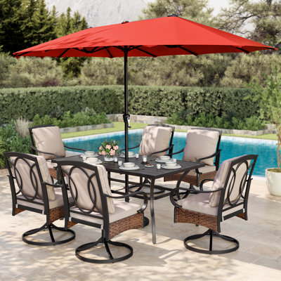6 - Person Patio Dining Set Umbrella Hole Included Rectangular Table with Cushions Included