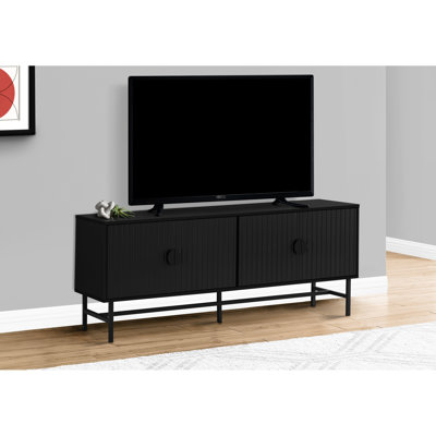 Meuble télé 60 po avec console, stratifié noir moderne et métal, meuble multimédia avec rangement pour chambre à coucher et salon 60 po, stratifié, contemporain