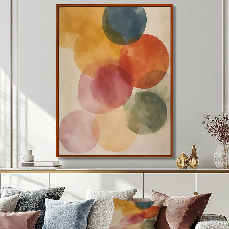 Aquarelle de cercles ascendants, reproduction d'art abstrait, Cadre flottant brun, H 32 po x l 24 po