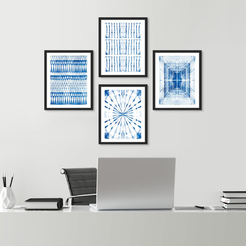 Watercolor Blue Pastel Blue Tie-Dye Patterns - ensemble de 4 reproductions de cadres photo simples, Blanc, H 14 po x l 11 po