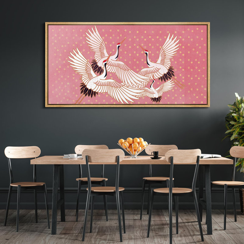 «Bright Preppy Animals Elegant Cranes In Flight», reproduction sur toile encadrée, Naturel, H 30 po x l 60 po