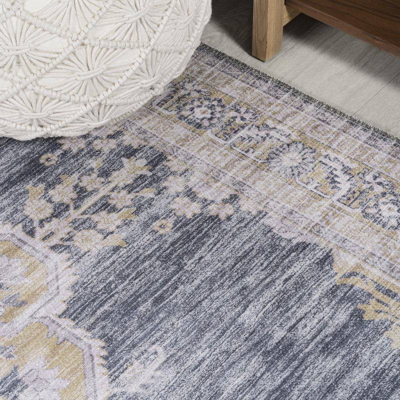 Tapis gris foncé / jaune lavable à la machine Wincer Chenille, Rectangle 3 pi 11 po x 6 pi