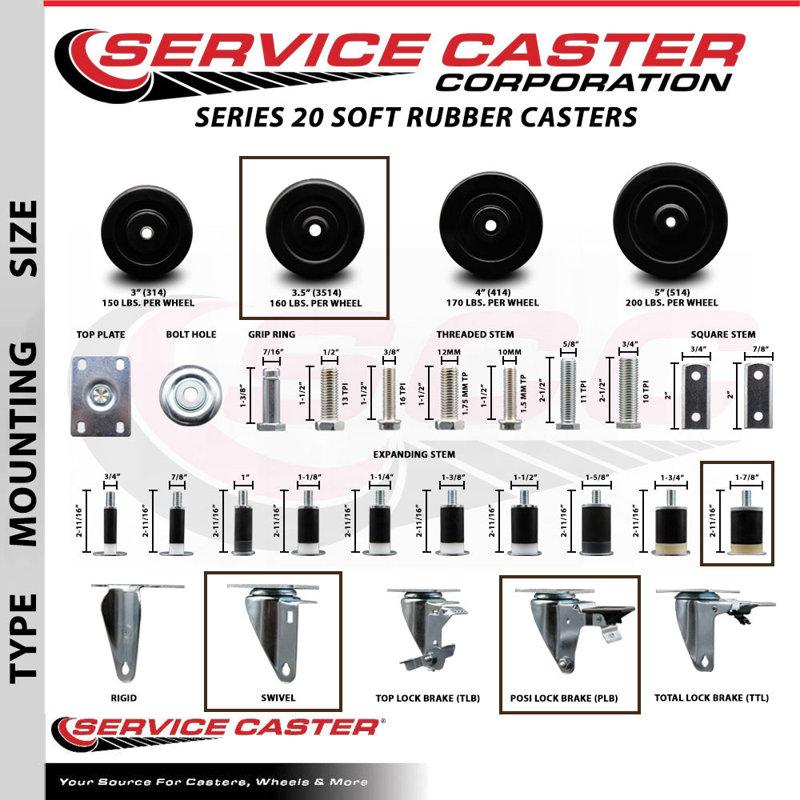 Soft Rubber Swivel Expanding Stem Caster Set with Brake SCC PLB 3.5" x 1-7/8"