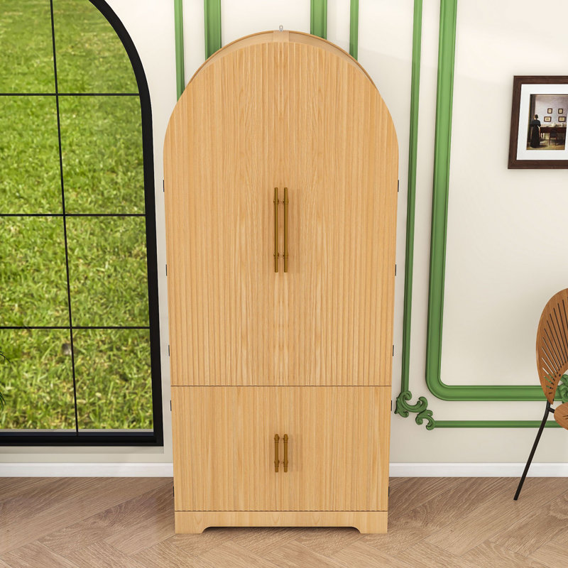 Armoire de cuisine moderne arquée avec portes cannelées, tablettes réglables et tiroir caché, Naturel