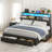  Bed Frame With Hidden Storage Headboard & Drawers, Upholstered Full Platform Bed With Led Lights, Type-C Charging Station, No Box Spring Needed, Solid Wood Slats-20985140-20985136