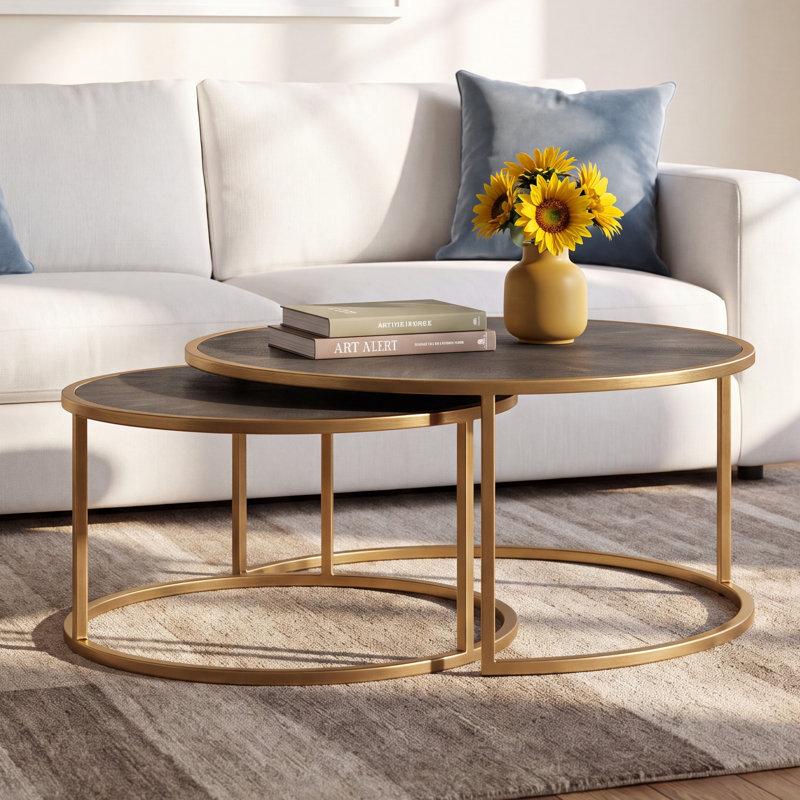 Jakari Nesting Coffee Table, Gray Shagreen, Antique Brass