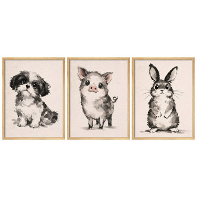 Cute Farm Animals Framed Wall Art Prints Set of 3 - Puppy Pig Bunny Nursery Kids Room