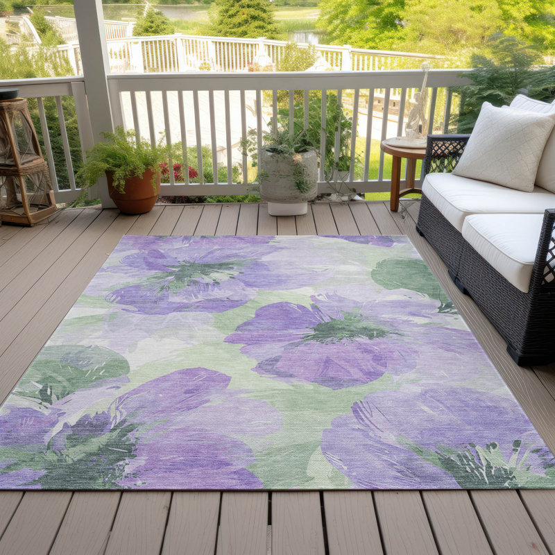 Lavender and Green Floral Washable Synthetic Area Rug