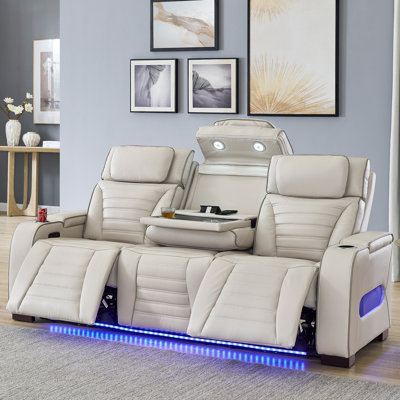 Canapé inclinable électrique en cuir 85,5 po avec table rabattable et 2 porte-gobelets