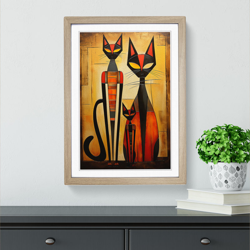 XYZ-FRM-V1223-611 Egyptian Cat Dadaism No.2 - Single Picture Frame Print on Wood, Oak, 64cm H x 46cm W x 2cm D