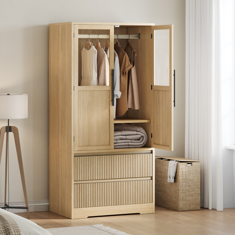 Armoire de rangement en bois naturel de style campagnard avec portes et tiroirs en verre