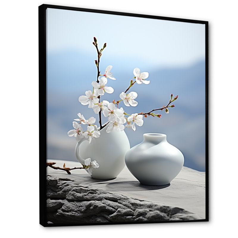 Art zen floral sur pierre spirituelle, Cadre flottant noir, H 32 po x l 16 po x P 1 po
