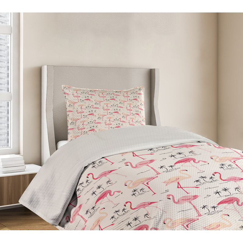 White Twin Flamingo Print Microfiber Bedspread Set